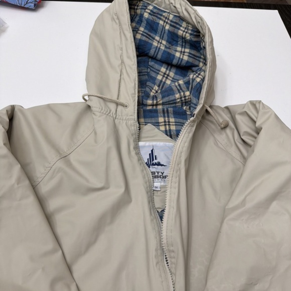 Misty Harbor Original Rain Jacket Women's 1X Beige Plaid Lined Hooded. 3765